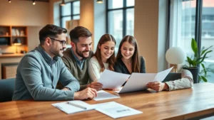 Young parents sitting at a wooden table with a financial advisor, reviewing documents and smiling, modern office setting with warm natural lighting
