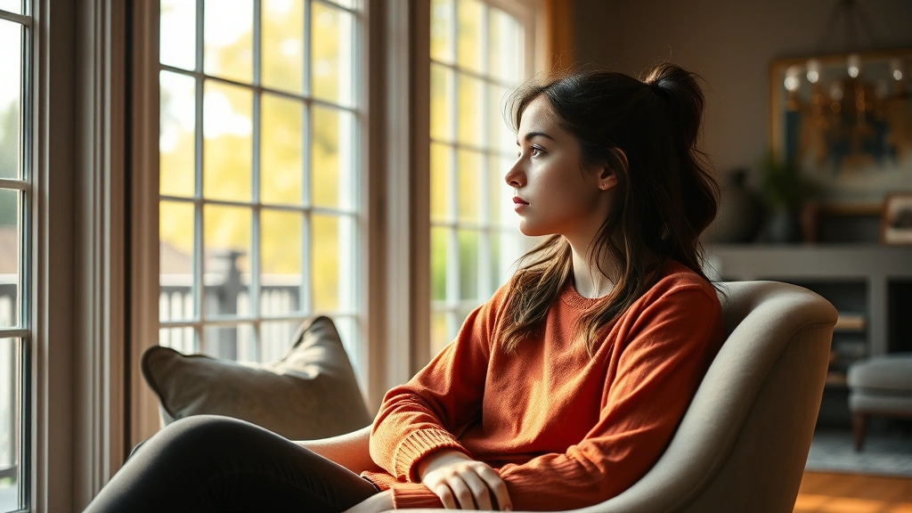A teenage girl looking thoughtfully out a window, sitting in a comfortable chair in an upscale home, natural daylight streaming through large windows