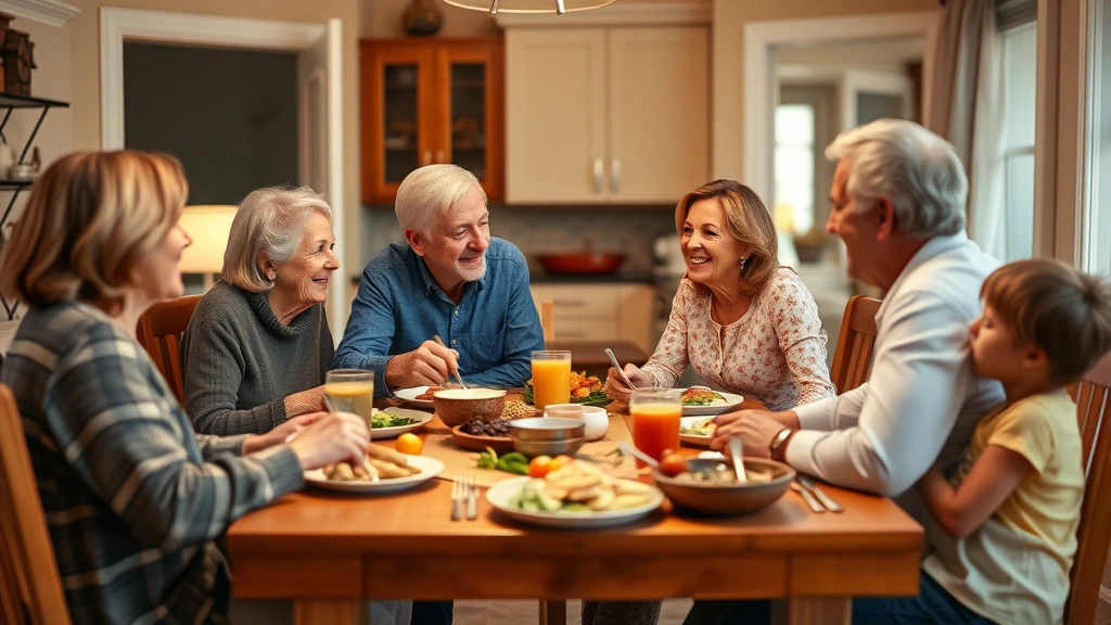A multigenerational family gathered around a dining table sharing a meal, laughing and connecting, warm home interior with soft lighting
