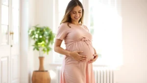 A pregnant woman wearing a soft blush maternity dress with empire waist, standing in a bright, sunlit room with natural light, smiling with hands gently on her belly