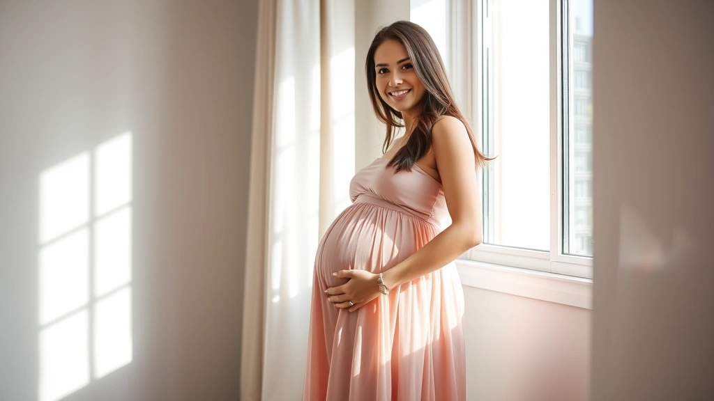Expectant mother wearing a flowing pastel maternity dress, standing in soft natural light near a window, smiling warmly at the camera with hands gently on her bump