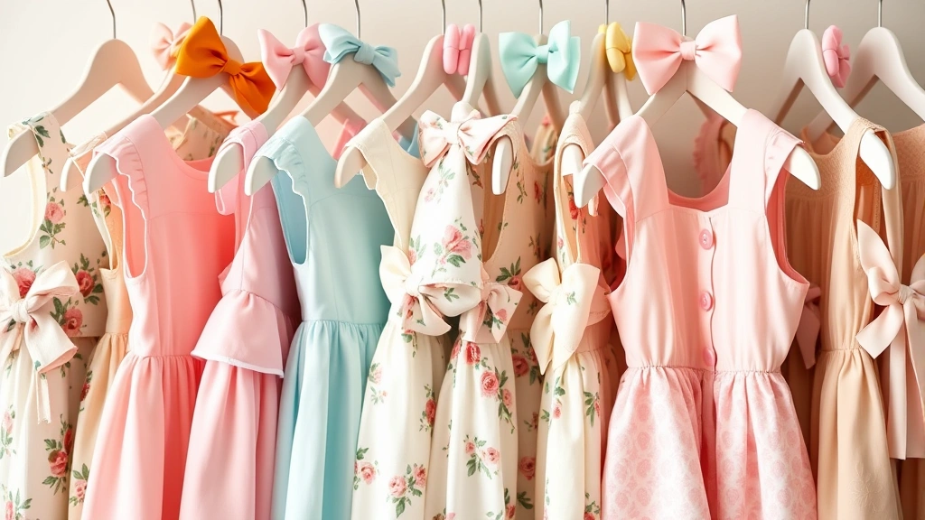 Close-up of colorful baby shower guest outfits displayed on hangers, featuring various dresses in pastels, florals, and soft neutrals with coordinating accessories