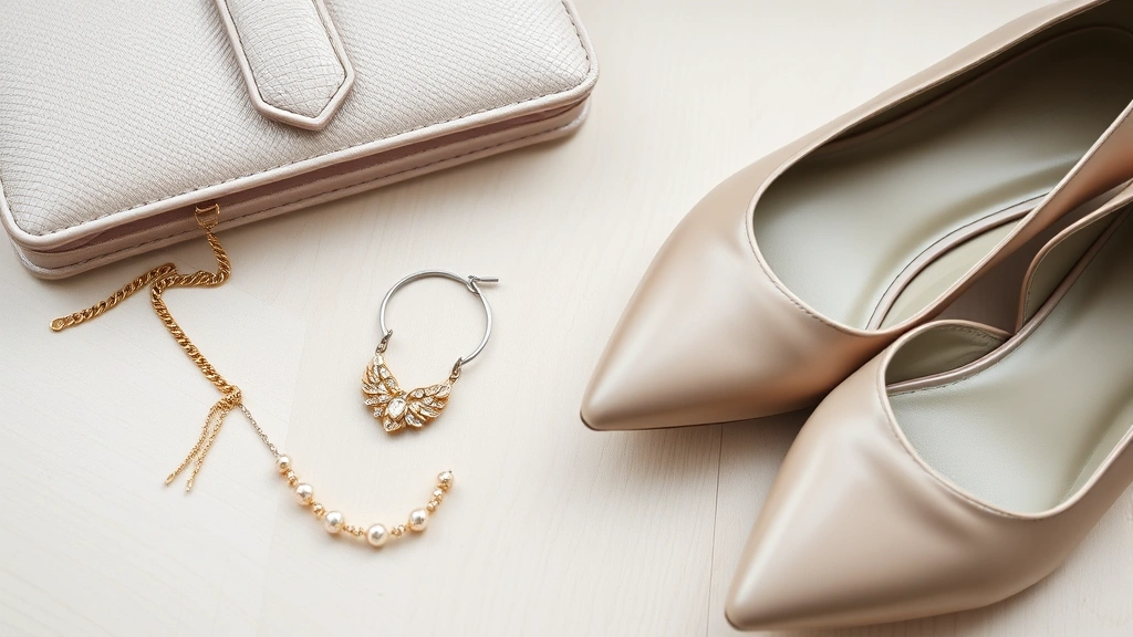 Close-up detail shot of elegant accessories on a light wooden surface: delicate jewelry, a structured handbag, and dressy flat shoes arranged in an aesthetically pleasing composition