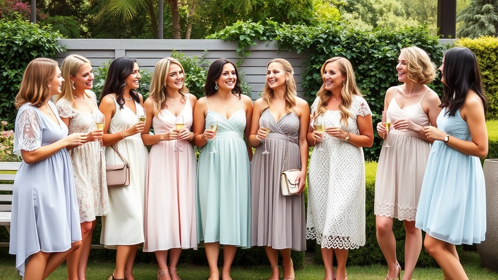 Group of women at an outdoor garden baby shower wearing complementary soft-colored dresses and elegant accessories, holding champagne glasses and laughing together