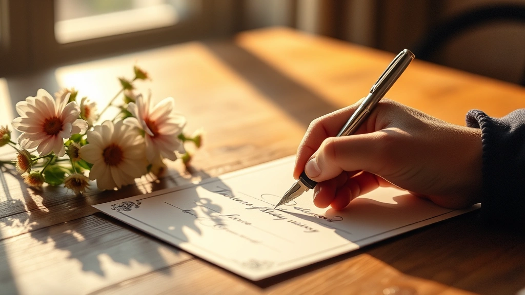 Close-up of a hand writing in an elegant card with a fountain pen, soft morning light streaming across a wooden table with flowers nearby, warm and intimate setting