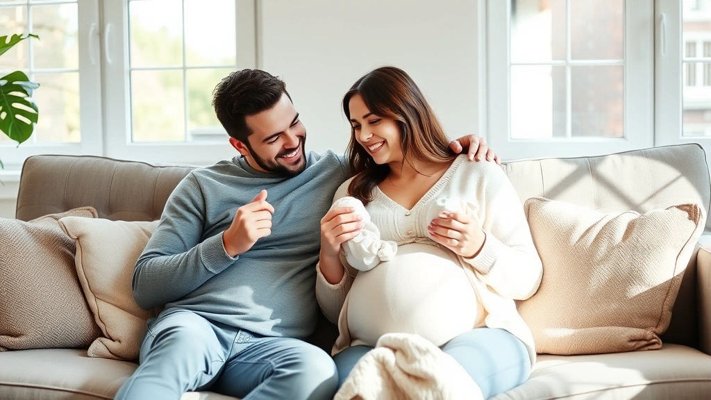 Expectant parents sitting together on a cozy couch, smiling and holding baby items, surrounded by natural light from windows, genuine joy and anticipation visible