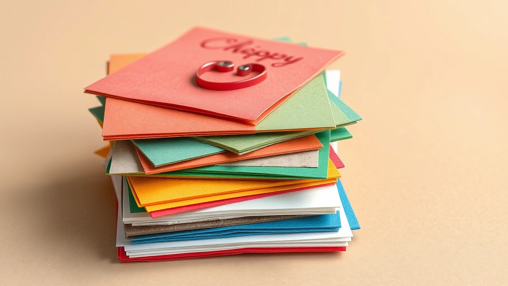 Stack of colorful greeting cards with different textures and designs arranged on a neutral background, artistic composition showing variety and thoughtfulness