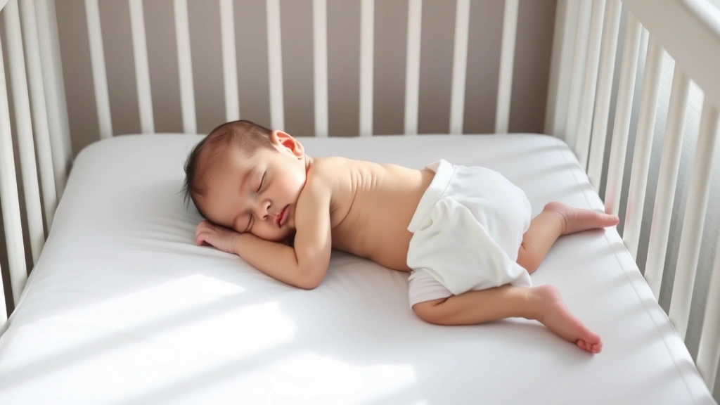 Peaceful newborn sleeping peacefully on back in minimalist white crib with fitted sheet only, soft morning light streaming through window, showing safe sleep environment