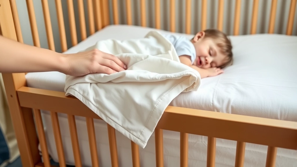 Parent's hand gently tucking lightweight cotton blanket under crib mattress at foot of toddler bed, showing proper blanket placement technique with child sleeping safely