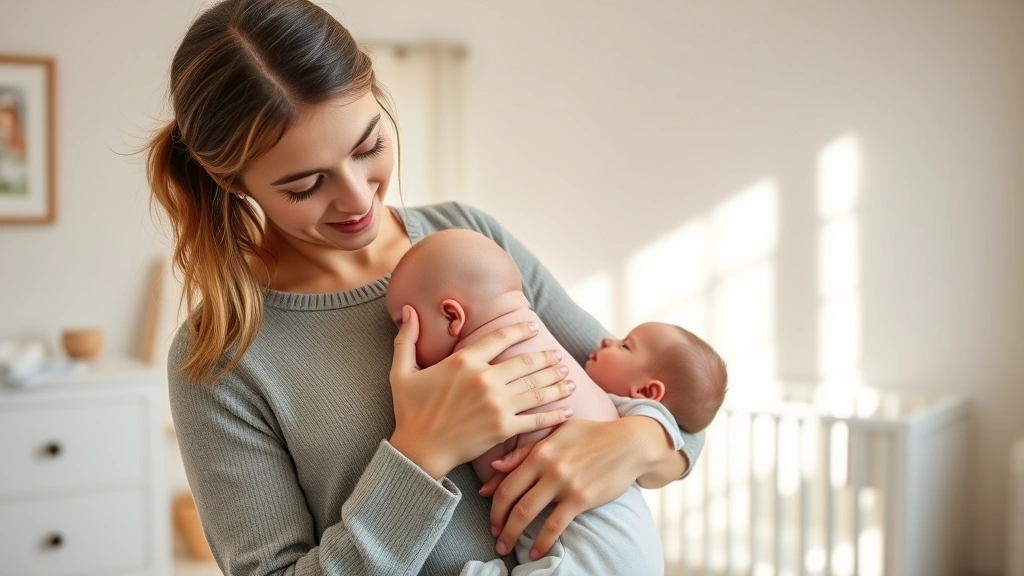 Mother gently burping her baby over her shoulder in a bright, comfortable nursery with soft natural lighting
