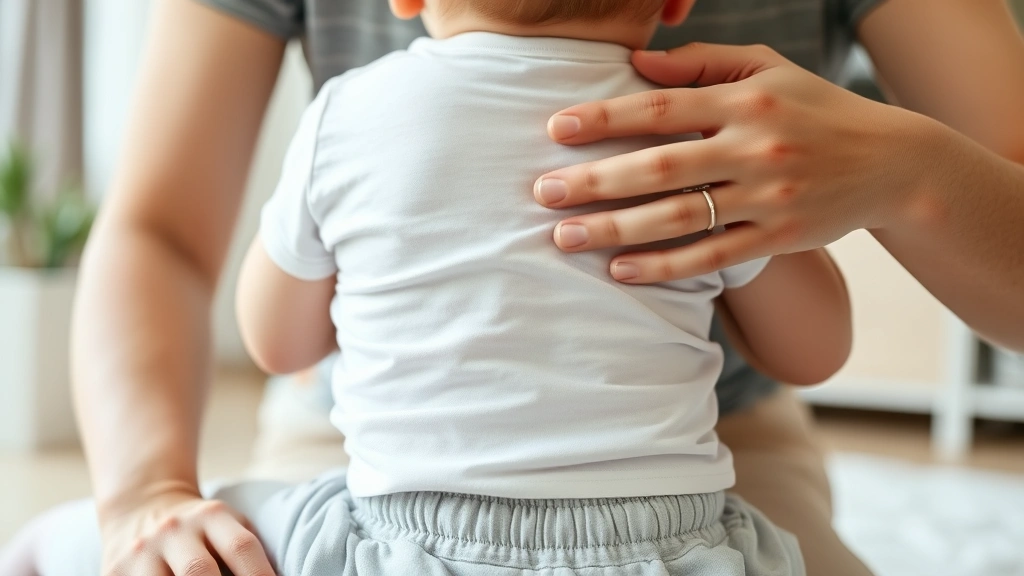 Close-up of caregiver supporting infant's back with gentle hand position, baby sitting upright on lap, calm indoor setting with soft natural light