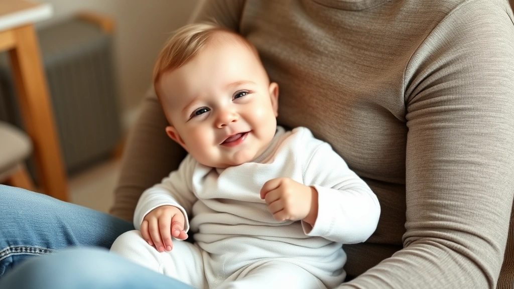 Happy infant sitting upright on parent's lap with good head control, appearing comfortable and content after feeding