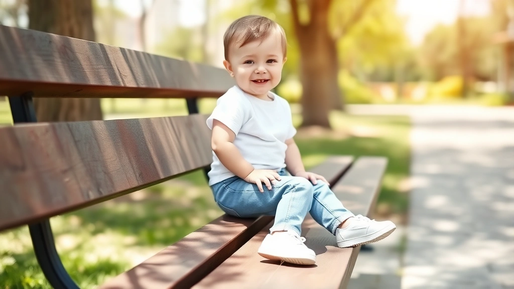 A toddler wearing a crisp white t-shirt paired with light blue denim jeans and white sneakers, sitting on a wooden bench in a sunny park setting, smiling naturally.