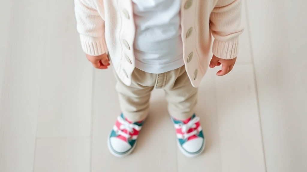 Close-up of a child's outfit showing a white baby tee layered under a soft pastel cardigan with neutral-colored pants and colorful canvas shoes on a light wooden floor.