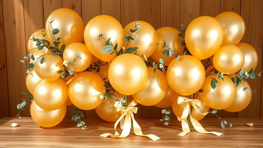 Soft golden balloon clusters with eucalyptus greenery and cream ribbons arranged on wooden table, warm natural lighting, no text