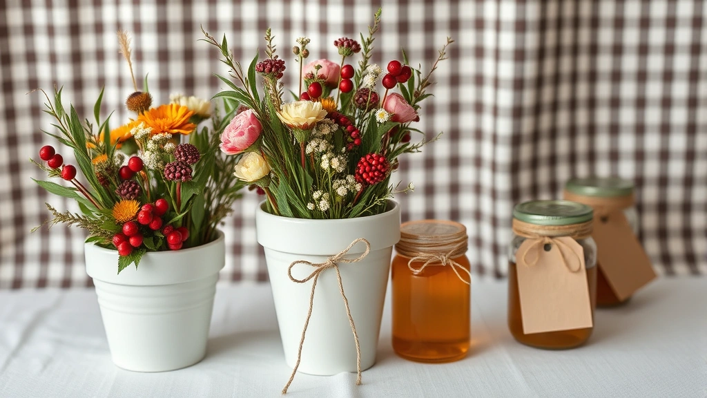 Honey pot ceramic containers filled with wildflowers and berries, gingham fabric backdrop, honey jar favors with twine, cozy aesthetic, no text