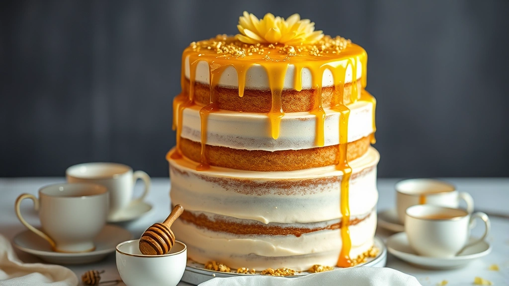 Tiered cake decorated with honey drizzle and edible gold leaf, surrounded by teacups and small honey pots, soft yellow and cream colors, no text