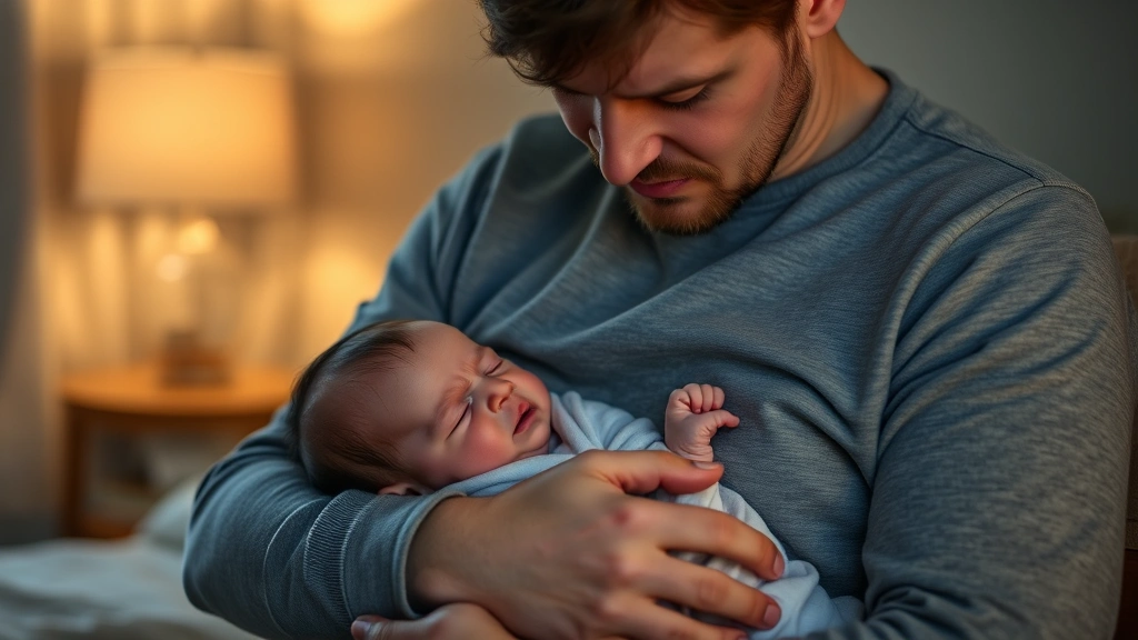 A tired parent cradling a fussy newborn against their chest in soft evening lamplight, both looking exhausted but connected