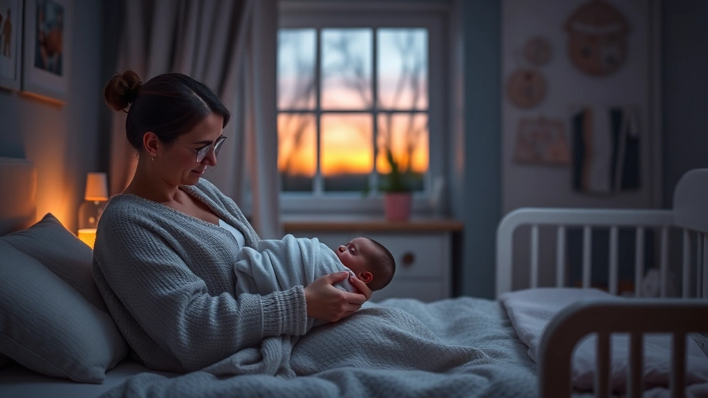 A peaceful nursery scene at dusk with dimmed lighting, a parent gently swaddling a baby in soft blankets near a window