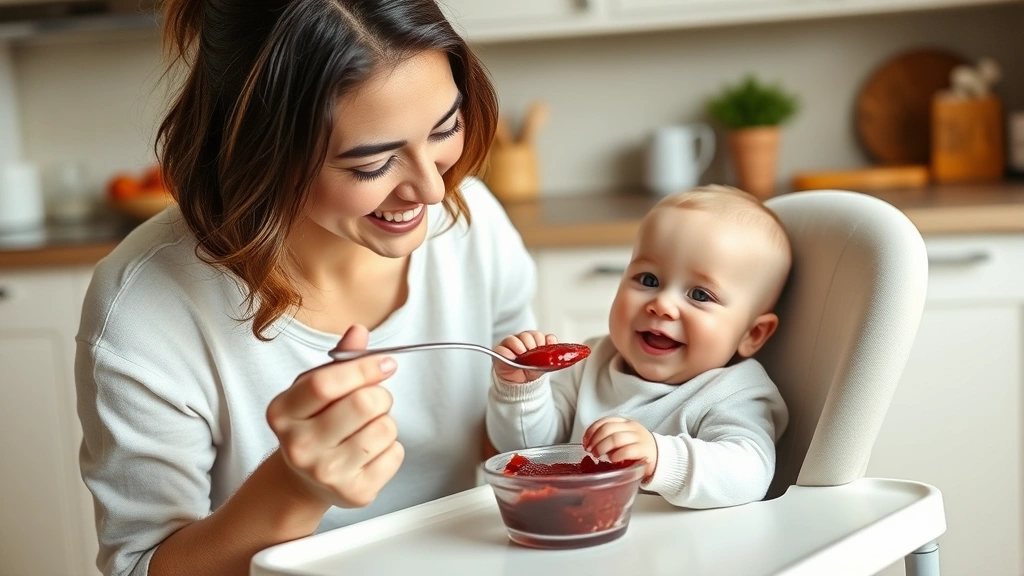 Mother gently spoon-feeding smiling six-month-old baby diluted garnet puree in high chair, warm kitchen setting, natural daylight, caring expression