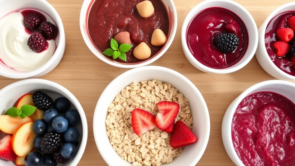 Variety of baby food bowls showing garnet combinations with yogurt, oatmeal, and fruit purees, colorful and nutritious presentation, family dining setup