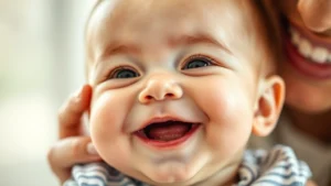 Close-up of smiling baby's face with bright eyes and genuine laughter, natural lighting, warm family environment, soft focus background showing parent's hands gently holding infant