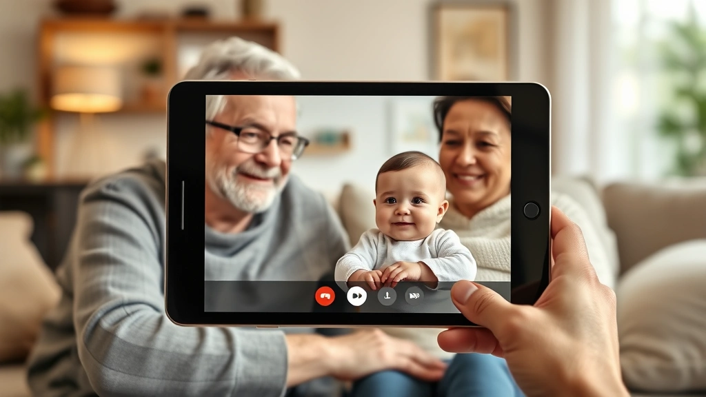 Multigenerational family video call on tablet screen showing grandparents watching baby on animated loop, cozy living room setting, genuine smiles and connection across distance
