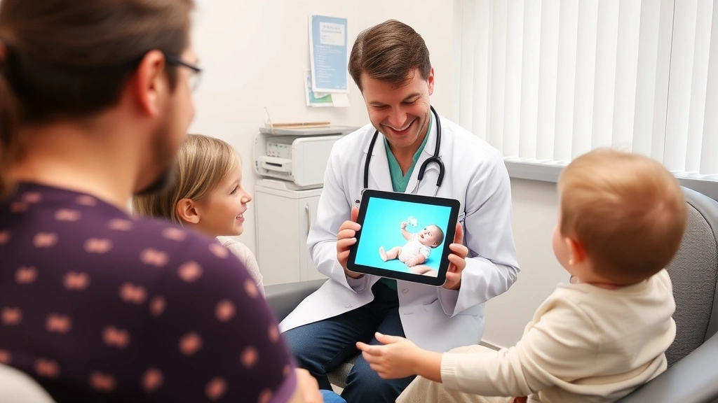 Pediatrician showing baby GIF on tablet to attentive parents during wellness visit, clinical office setting, professional atmosphere with warm human interaction and reassurance