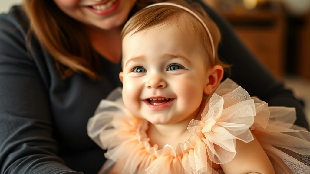 Close-up of smiling baby girl wearing soft princess costume with gentle tulle details, sitting on mother's lap, warm indoor lighting, both faces visible and happy