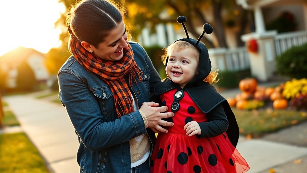 Toddler girl in adorable ladybug costume with parent holding her, trick-or-treating on residential street with fall decorations, both laughing, golden hour lighting