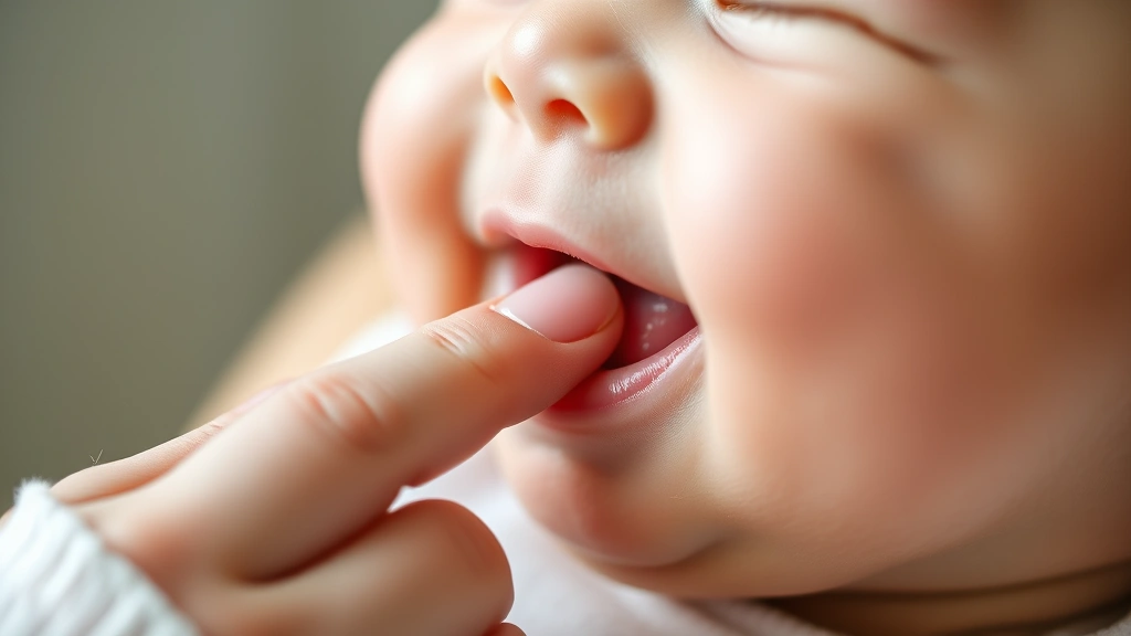 Close-up of parent's hand gently massaging baby's gums with clean finger, baby smiling, soft natural lighting, tender caregiving moment