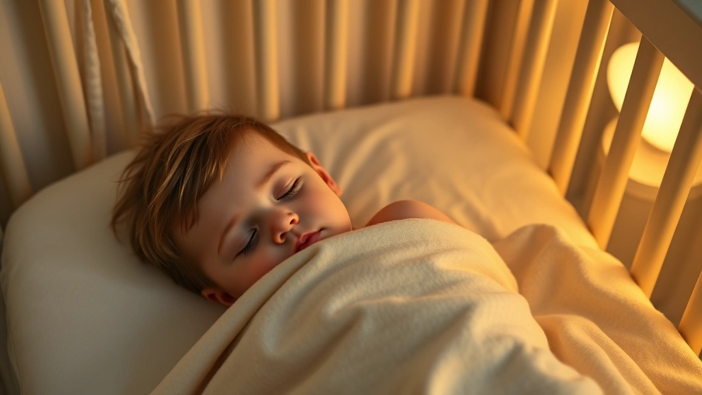 Toddler sleeping peacefully in crib with soft blanket, calm bedroom with nightlight, serene sleep environment for dental health