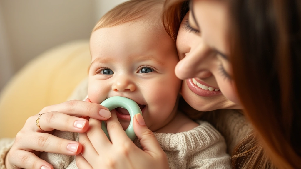 Parent giving baby refrigerated teething ring, baby contentedly chewing toy, relief and comfort on baby's face, warm family moment