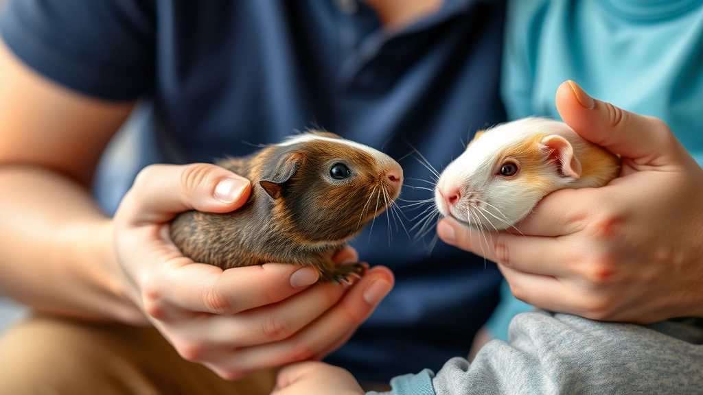 Young guinea pig being gently held by child with adult supervising, showing proper supportive handling technique, happy expressions, gentle interaction between human and pet