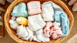 Overhead view of organized baby hamper with colorful diapers, soft lotions, tiny socks, and gentle washcloths arranged in wicker basket, warm natural lighting, cozy nursery background