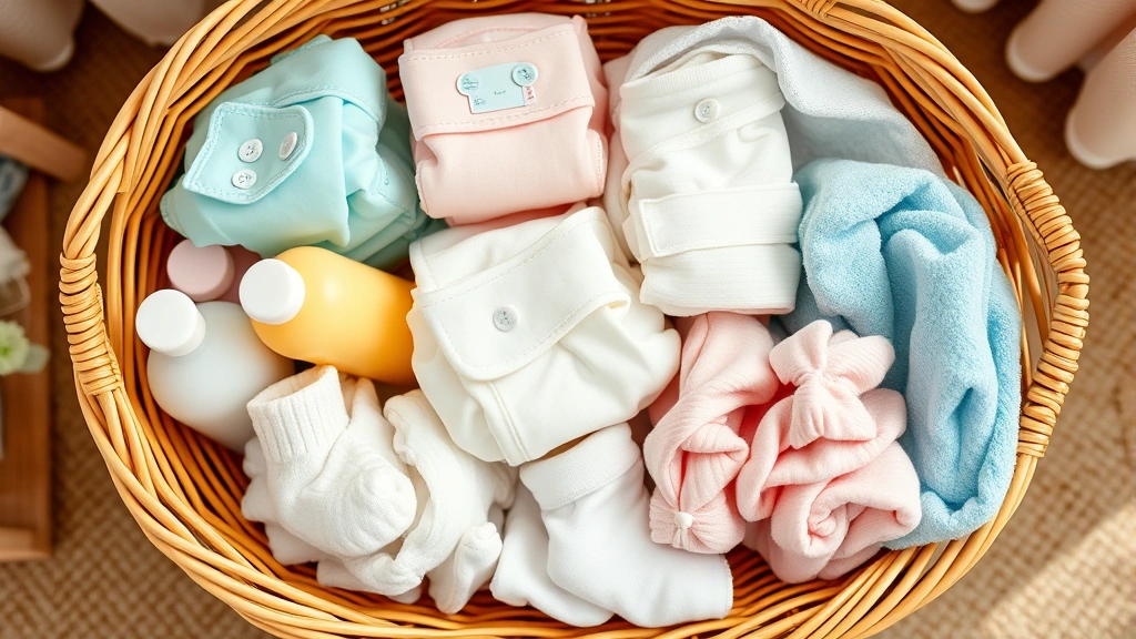 Overhead view of organized baby hamper with colorful diapers, soft lotions, tiny socks, and gentle washcloths arranged in wicker basket, warm natural lighting, cozy nursery background