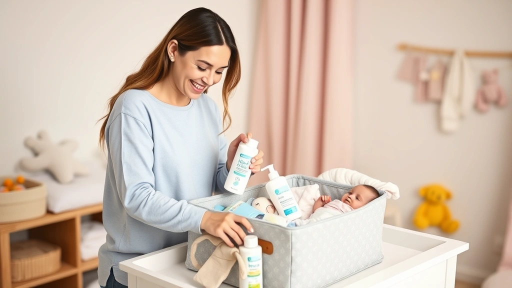 Happy mother unpacking new baby hamper at changing table, smiling while holding diaper cream and organic baby wash, bright nursery with pastel walls and soft toys