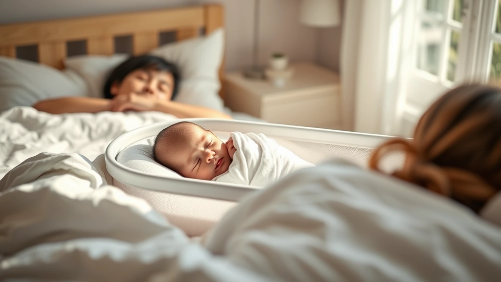 Peaceful newborn sleeping soundly in white bassinet beside parents' bed in soft morning light, safe co-sleeping room environment