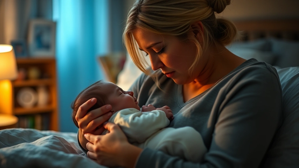 Mother gently supporting sleepy newborn girl during nighttime feeding, tender bonding moment with dim lamp lighting