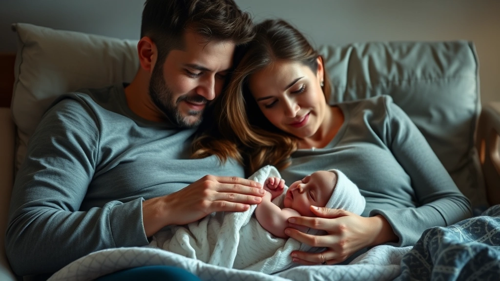 Exhausted but loving parents watching their sleeping newborn, showing real emotion of new parenthood journey