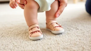 Close-up of baby feet in soft supportive shoes, toddler taking first steps on soft carpet, parent checking proper shoe fit on infant's foot