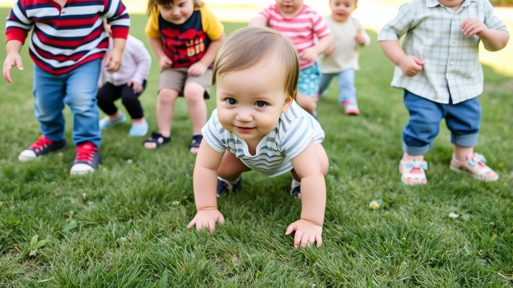Diverse group of babies and toddlers wearing various appropriate footwear while playing, crawling, and learning to walk outdoors on grass