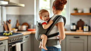 Mother wearing structured hip carrier while cooking in modern kitchen, baby sitting securely on hip, both smiling, natural sunlight, casual home setting