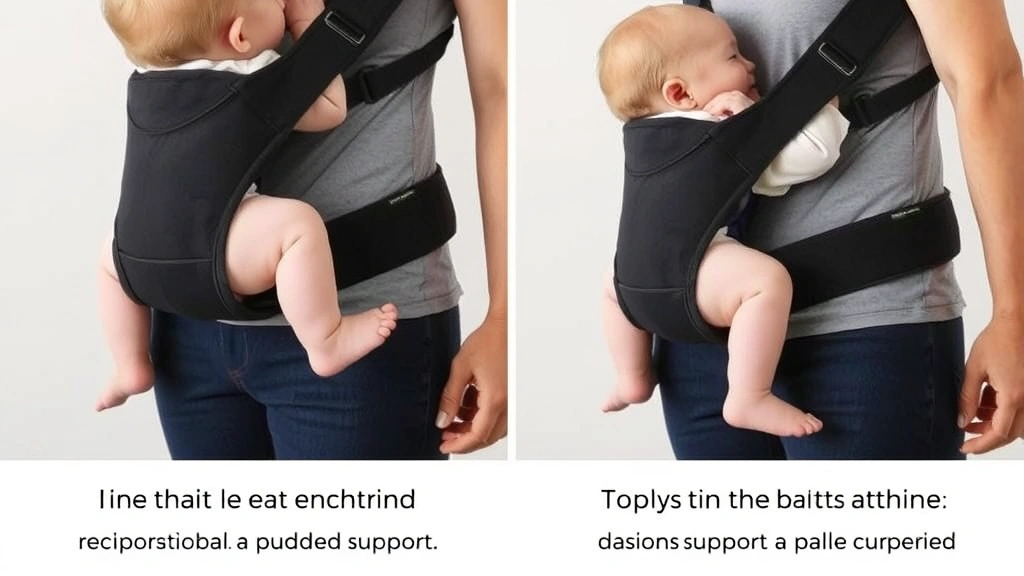 Close-up of proper baby hip carrier positioning showing M-shaped leg position, ergonomic waist belt, padded support, parent demonstrating correct fit