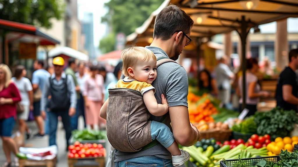 Father with toddler in quality hip carrier at outdoor farmer's market, hands free to select produce, busy urban setting, diverse community background