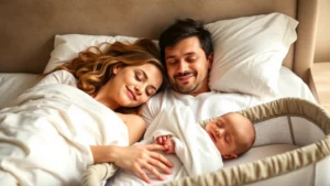 Peaceful mother and father sleeping peacefully in bed with newborn baby sleeping safely in bassinet beside them, warm bedroom lighting, soft natural tones, parents smiling contentedly