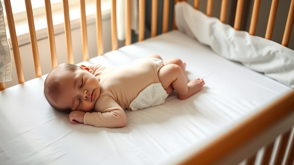 Close-up of infant sleeping on back in secure crib with fitted sheet, no pillows or bumpers, firm mattress, proper sleep position demonstration, daylight coming through window