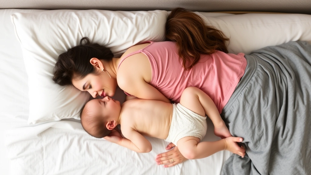 Mother and infant practicing safe co-sleeping position with baby on back, minimal bedding, firm mattress, parent alert and aware, showing proper body positioning and protective setup