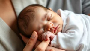 Newborn baby sleeping peacefully in parent's arms, soft natural lighting, close-up of tiny hand holding adult finger, warmth and bonding