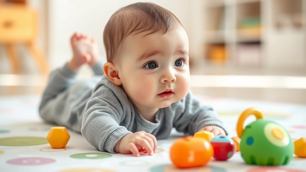 Four-month-old baby reaching toward colorful toys on play mat, bright room, engaged expression, safe tummy time environment visible